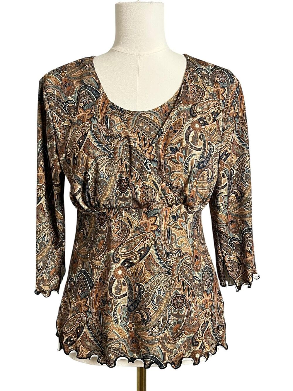 MAJAMAS Maternity Nursing Tunic Blouse Womens Large Brown Paisley 3/4 Sleeve